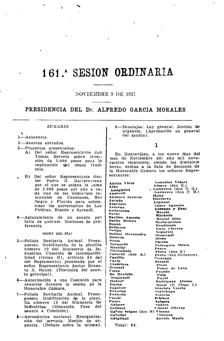 DIARIO DE SESIONES DE LA CAMARA DE REPRESENTANTES del 09/11/1927